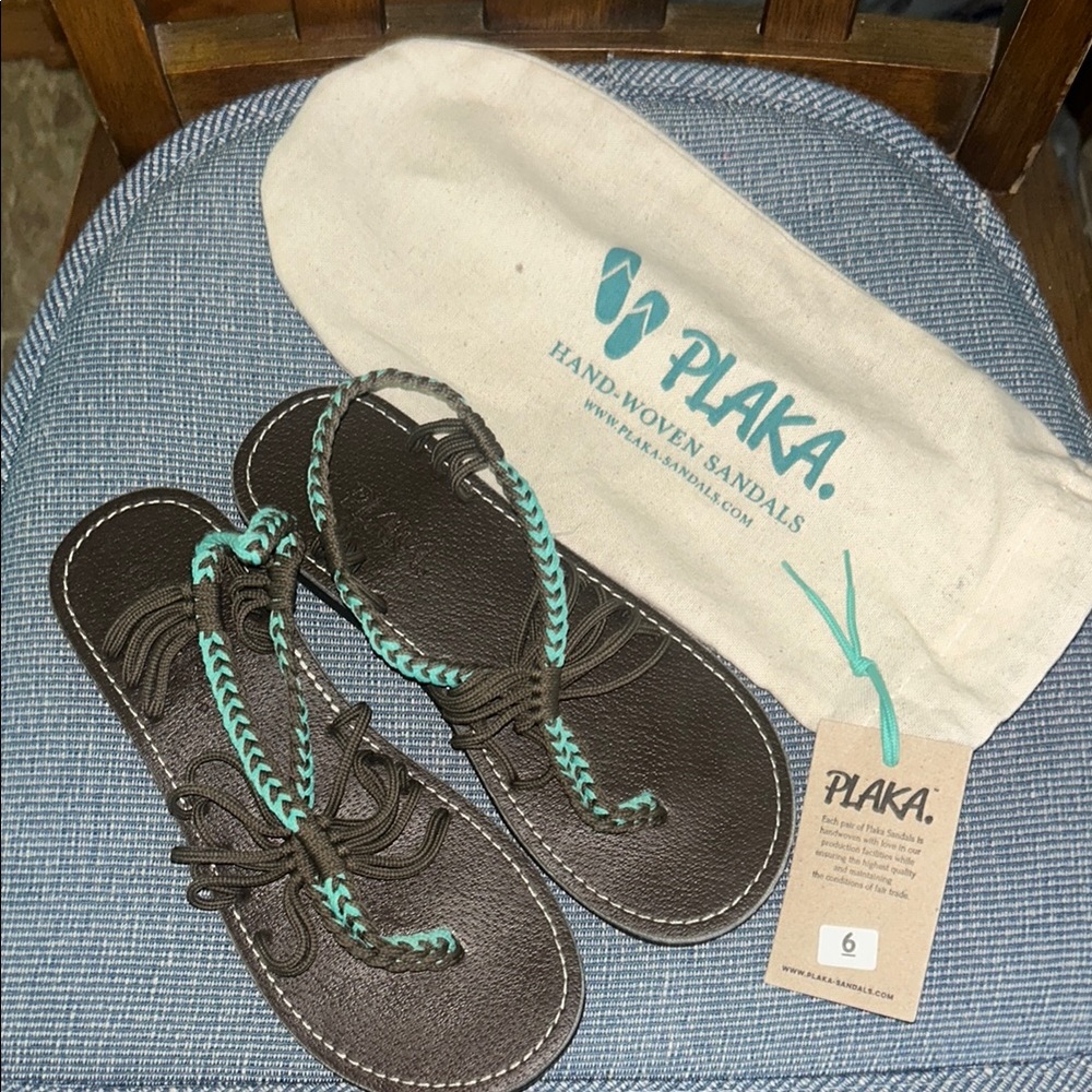 Plaka Brown and Teal Hand-Woven Sandals